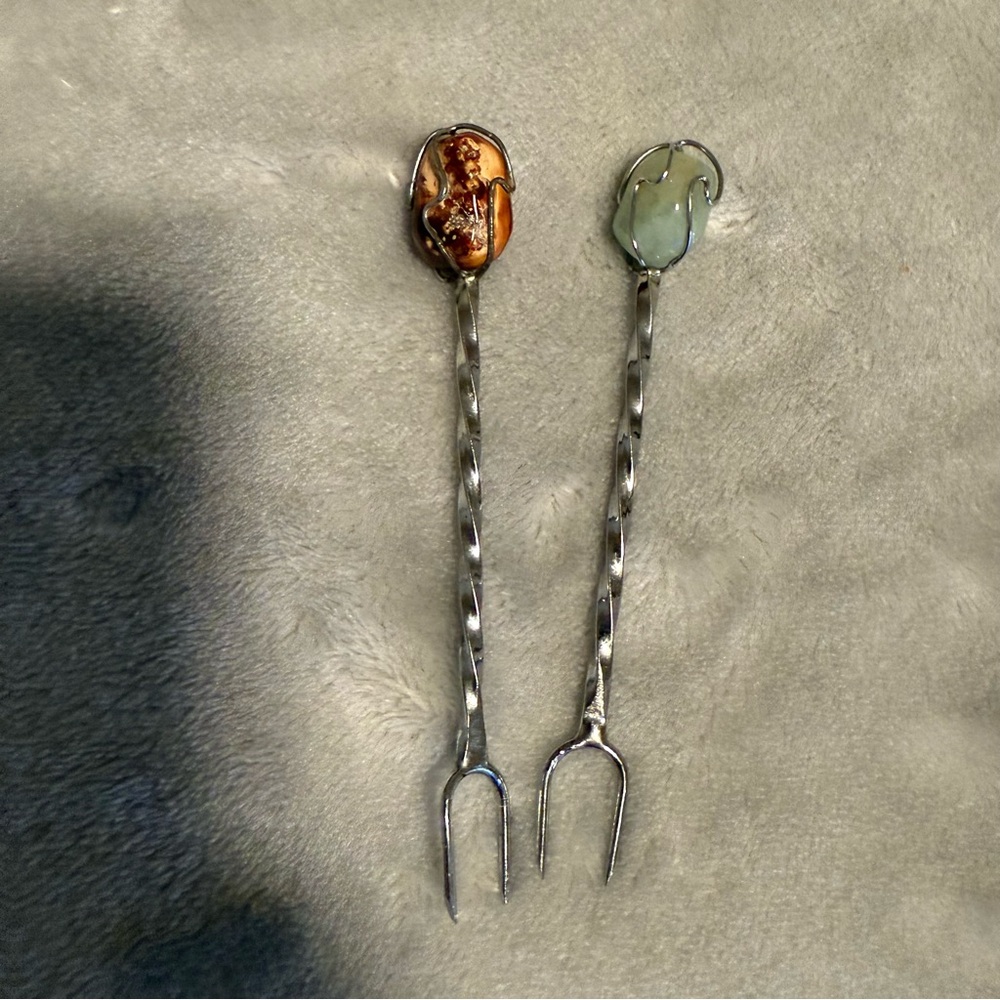 Set of 2 Vintage Stone And Silver Cocktail/Hors D'Oeuvre Forks Mid Century